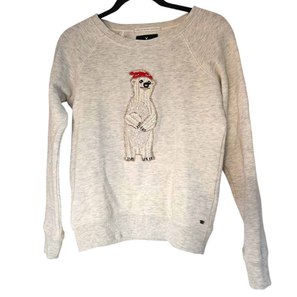 AMERICAN EAGLE Polar Bear Fleece Sweater Beaded Holiday XS AE